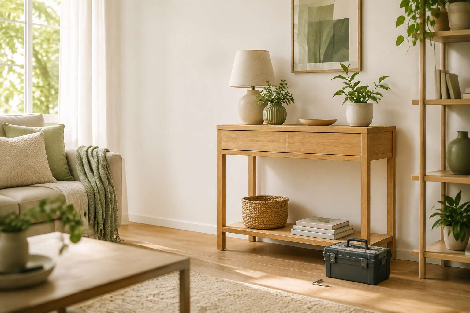 A finished oak console and shelving in a bright living room